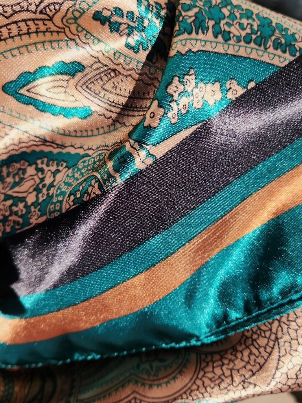 GREEN Copper BLACK Poly-Silk 36” Square SCARF New by ORNAMENTS